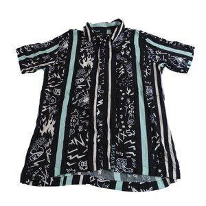 Reason Mens Graffiti Print Button Up Short Sleeve Camp Shirt Size L Black Blue
